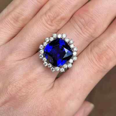 14K White Gold 12.00Ct Cushion Cut Natural Tanzanite Diamond Wedding Ring Size 7
