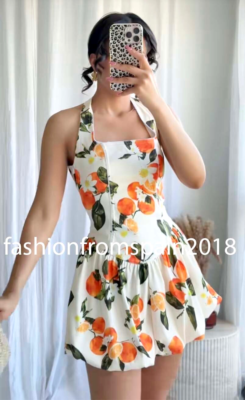 ZARA NEW WOMAN STRAPPY ORANGE PRINTED SHORT DRESS BALLOON HEM S,M