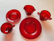 Mixed 5 Pcs: Ruby Red Cream, Sugar, Cup, Saucer, Plate ~Cambridge Glass Tally Ho