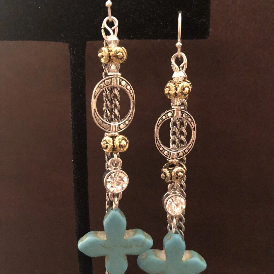 Pendientes colgantes de cruz turquesa de dos tonos hechos a mano nuevos con etiquetas Foto 3 de 4