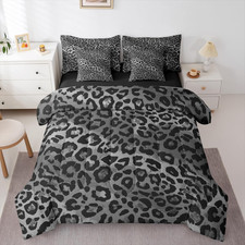 Black Grey Leopard Comforter Set with Sheets 7 Piece Queen Size Cheetah Leopard