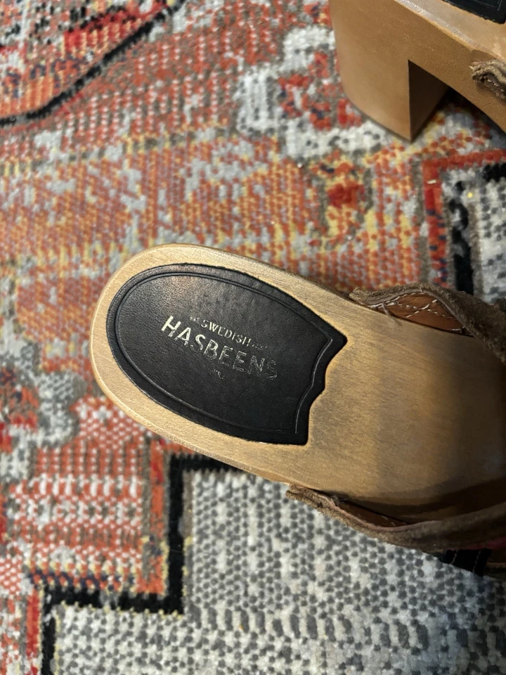 Swedish Hasbeens Clog Sandals Basket Weave Suede Leather Heel Platform 8 (38) - Image 3 of 4