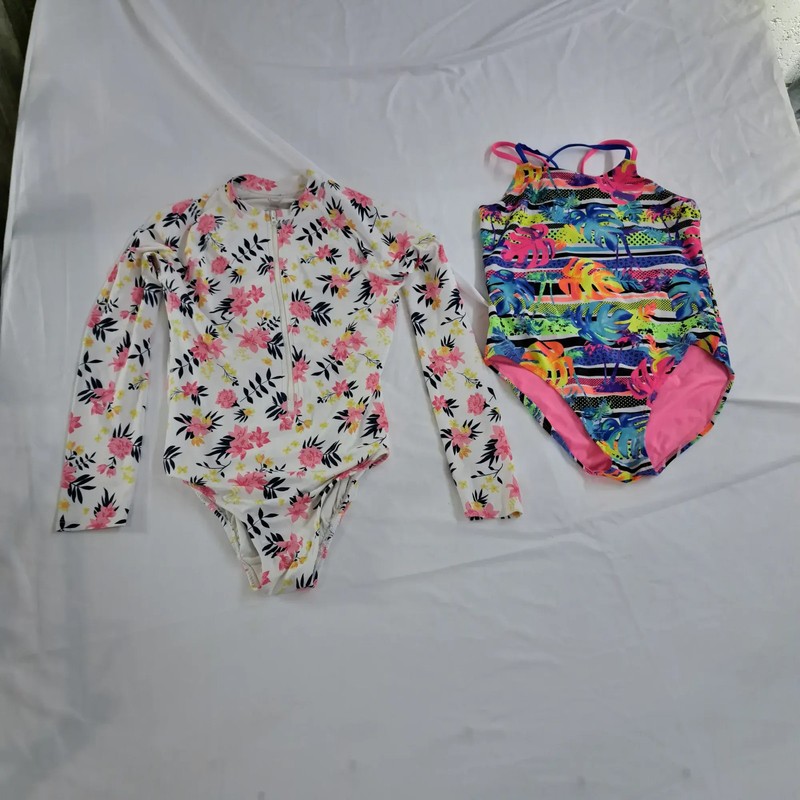 2 Girls Floral Zip Rash Guard Swimsuit One-Piece Tropical Print - size14 /16