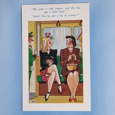 Comic Postkarte um 1970 blonder Upskirt Nylonstrümpfe Bus Schaffner Glatze TROW