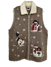 VINTAGE CST SPORT CHRISTMAS SWEATER VEST SZ 1X BEIGE APPLIQUE ZIP UP HOLIDAY