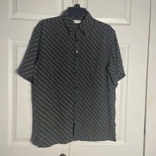 Perry Ellis Shirt Mens Medium Black Brown Diagonal Stripe 100% Silk Short Sleeve