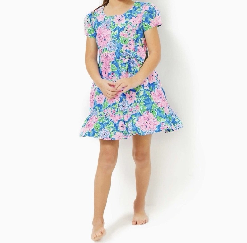 Lilly Pulitzer Girls Size 12 Alexander Dress Pink Blue Flowers Bow Ruffle