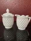 Vintage Milk Glass Hobnail Creamer Sugar Set w Lid Scalloped White Unmarked