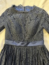 Navy Blue Lace Overlay Satin Lining Waist Formal Fit Flare Evening Gown