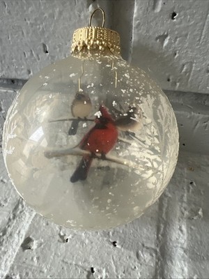 Vintage CBK Inside Art Painted Glass Cardinal Forest Christmas By Kreb Ornament