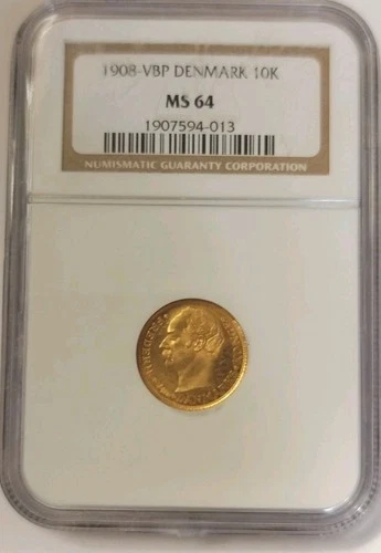 1908 VBP GJ DENMARK 10K NGC MS 64 Gold 10 Kroner