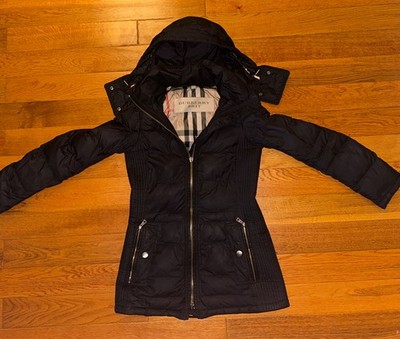 Burberry Brit Goose Down Black Jacket women Size XS Removable Hood
