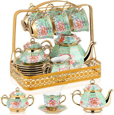 22 Pcs Porcelain Tea Set with Metal Holder, Vintage European Floral Tea Set