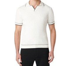 Bugatchi Johnny Collar Rib Knit Polo Sweater XL Chalk White Black Trim