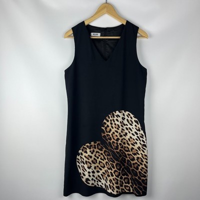 Vintage Moschino Cheap and Chic Black Leopard Print Heart Dress Size IT 42 US 8