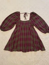 Urban Outfitters UO Puff Sleeve Babydoll Mini Dress Plaid Printed Cotton Size S