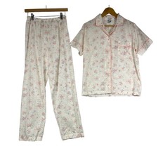 Grandmacore Vintage Violette Womens 36 White Floral Lattice Pajama Set 2pc Pink