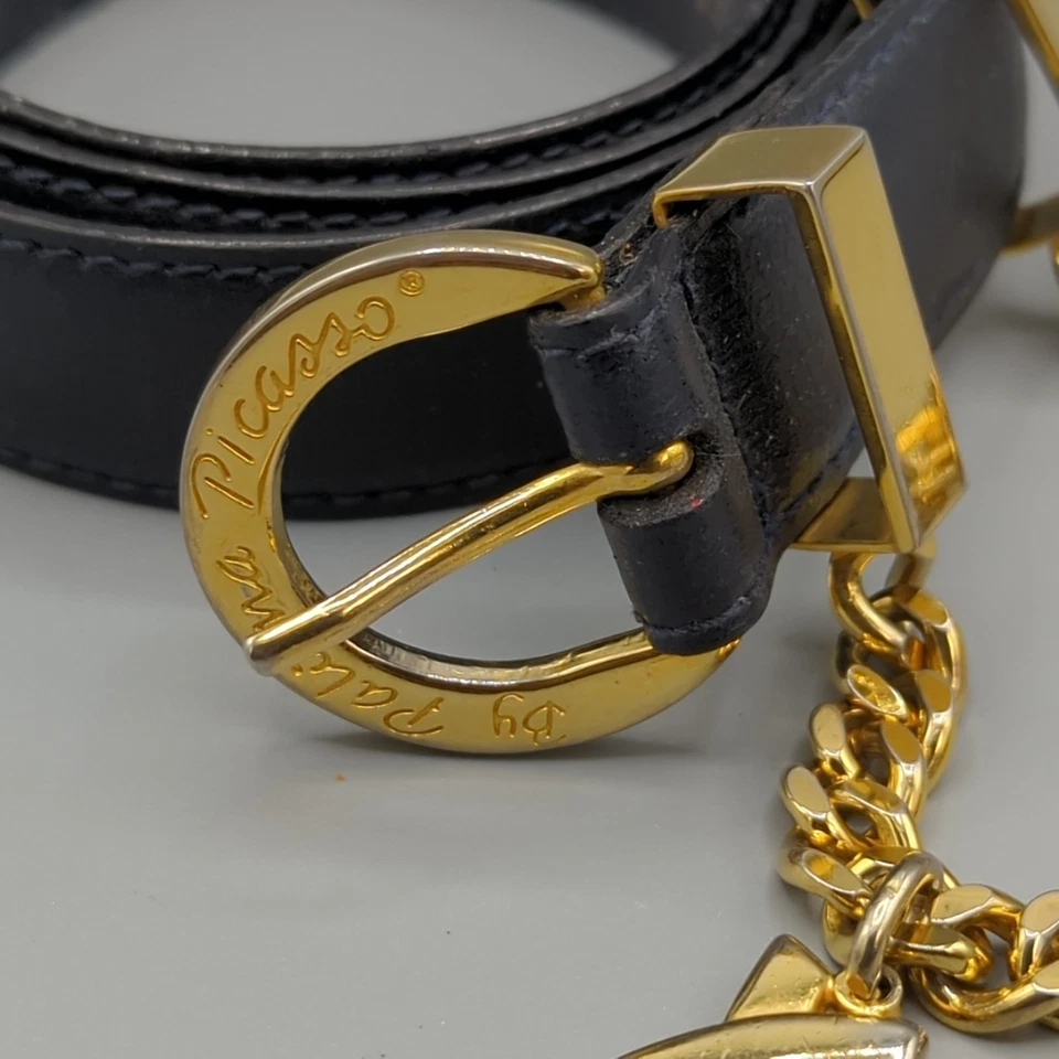 Authentic Paloma Picasso Blue Leather Belt w/Gold Metal Buckle & Chain Size M/75 - Image 2 of 4