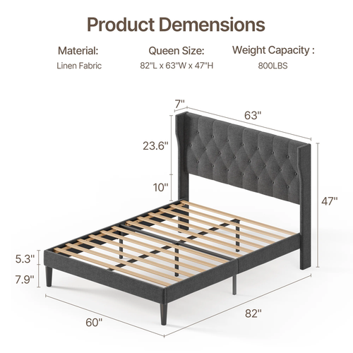 Full Size Bed Frame with Upholstered Headboard, under Bed Storage, 850Lbs, Dark - Picture 8 of 12