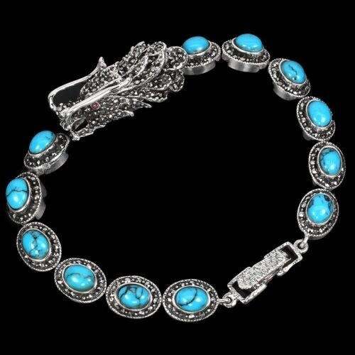Sterling Silver Bracelet Turquoise Genuine Natural Gems Dragon Design 7 1/4 Inch - Picture 13 of 24