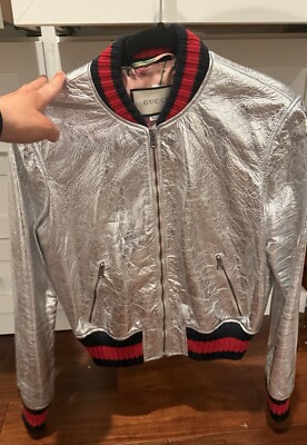 Gucci Silver Metallic Leather Bomber Jacket | eBay