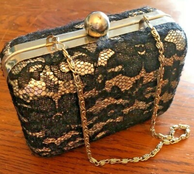 Small Black Lace Over Silver Sequin Hard Shell Evening Purse Clutch By Maurice s