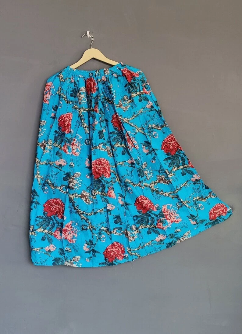 Indian Turquoise Floral Skirt Cotton Skirt, Long Skirt, Free Size Beach Wear AU