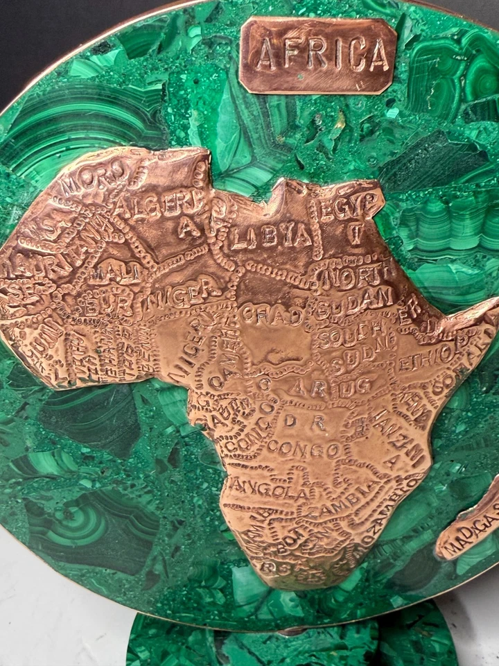 Exquisita Placa Vintage Malaquita y Cobre Continente Africano 10" Diámetro Foto 4 de 4