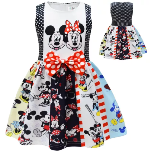 Girls Summer Dress Minnie Mickey Mouse Baby Sleeveless Twirl Dress Bow Dresses - Picture 2 of 8