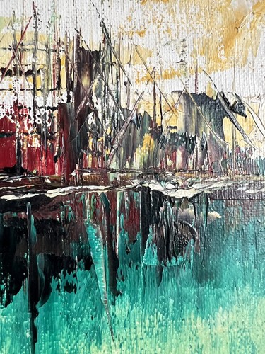 vintage mcm abstract painting cityscape 14x12" framed art 50s 60s 70s small - Picture 4 of 14