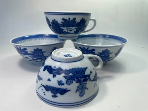 Vintage Chinese Export Nanking Canton Bowls Landscape Pagoda Cups Set of 4 B55