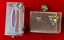 VINTAGE HOLLYWOOD REGENCY GOLD METAL FLOWERS TISSUE BOX HOLDER & MAGAZINE RACK