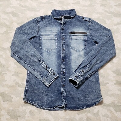 ROK Shirt Mens Medium Blue Pockets Denim Long Sleeve Button-Up