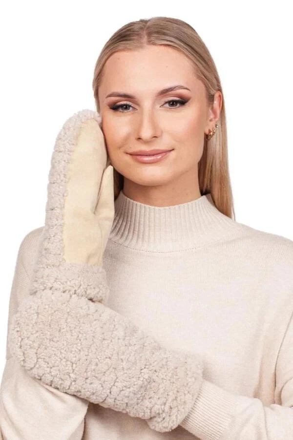 Women's Beige Shearling Fur Mittens,Stylish Warm Winter Gloves For Cold Weather