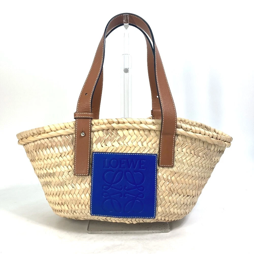 LOEWE Shoulder Bag Tote Bag small basket bag Hand Bag Straw Leather blue Beige