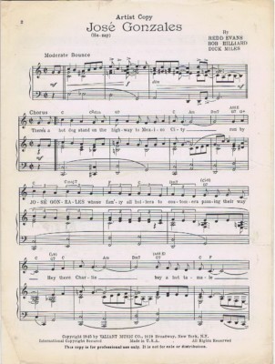 Jose Gonzales (Ho Zay), 1945, artist copy, vintage sheet music
