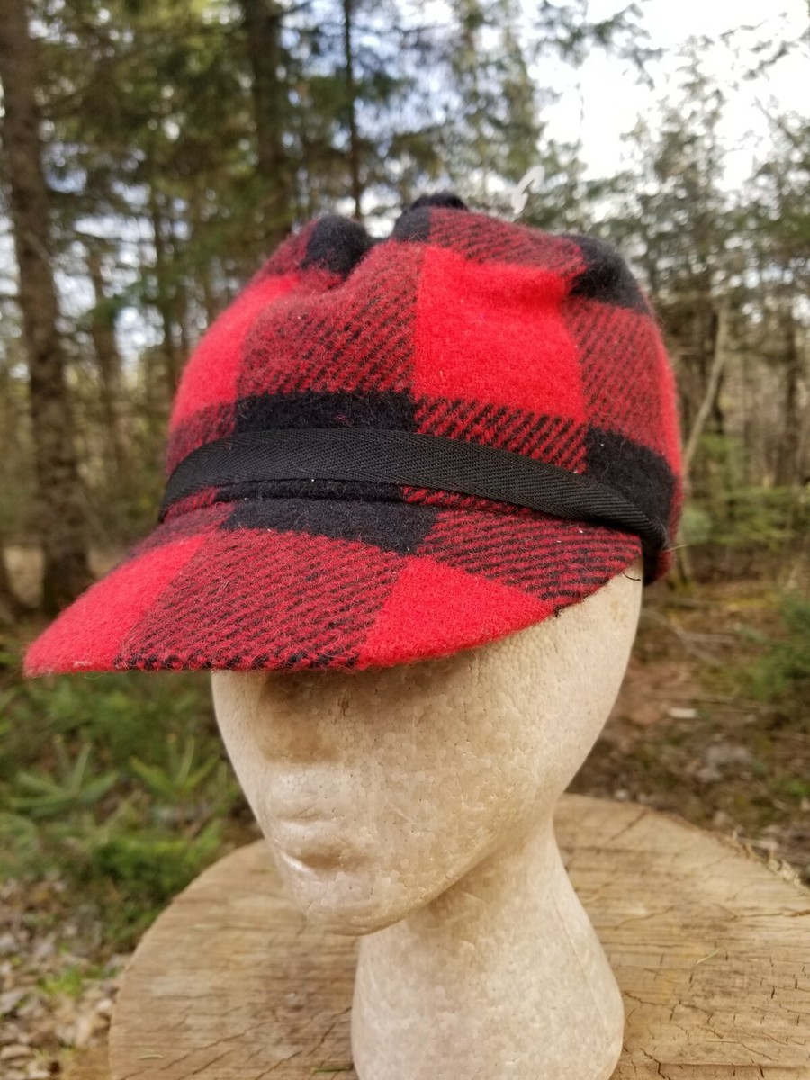 VTG Crowncap Dry Ice Red Buffalo Plaid Hunting Trapper Wool Hat Ear Flaps  5/8