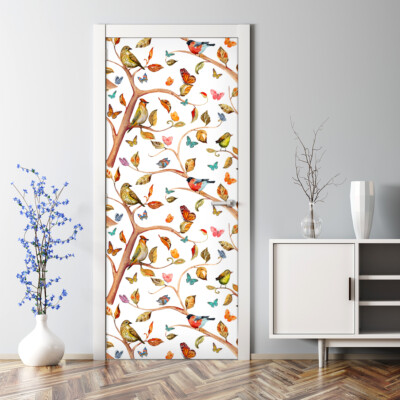 Bubble Free Door sticker Fairy tale Birds Branches Colourful leaves Nursery Baby