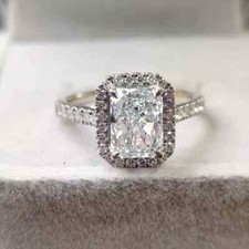2.56 TCW Radiant Moissanite Halo Engagement Wedding Ring 14k White Gold Plated