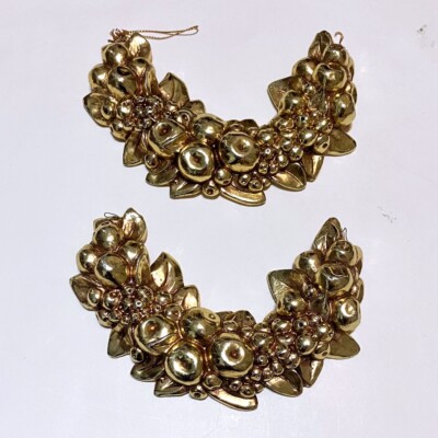 Vintage Wall Art Decor PAIR Crescent Fruit Arc Gold Shiny Ornament Plaques Retro