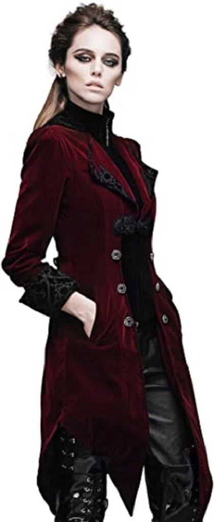 Women's Steampunk Swallow Tail Coat Gothic Long Winter Burgundy Velvet Coat
