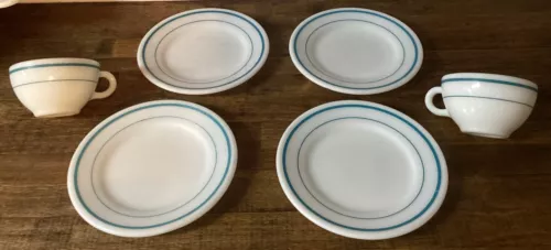 Pyrex Tableware Milk Glass Blue Striped Band Coffee Tea Cups plates Corning 6pc