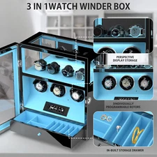 Fingerprint Unlock 3+4 Automatic Watch Winder Jewelry Drawer Storage Case Box US