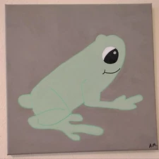 hand painted art on canvas frog acrylic painting green gray OOAK 14 x 14 inches