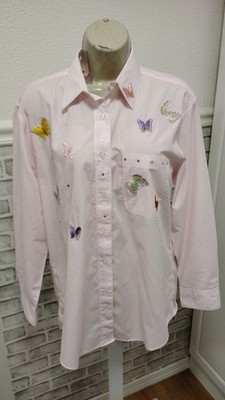 Las by Olas Women's S Floral Embroidered Pink & White Striped Long Sleeve Button
