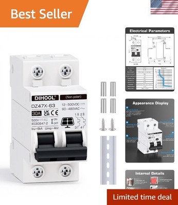 30 Amp Solar Disconnect Switch, 2 Pole DIN Rail Mount with Quick Trip Mechanism