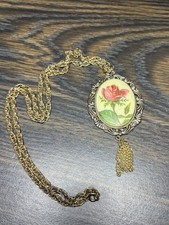 Vintage Floral Cameo Pendant Necklace Rose Design Gold Tone Chain Tassel Accent