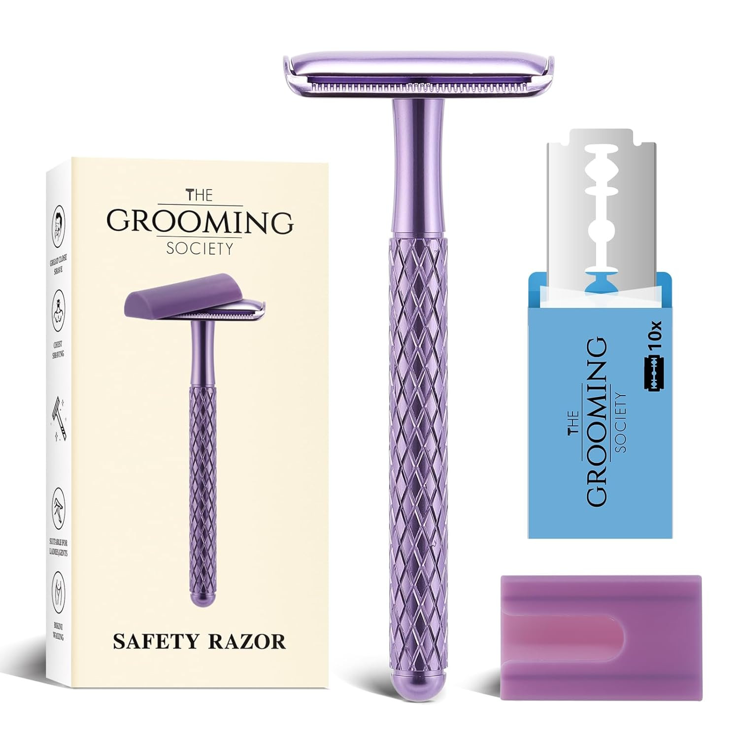 Double Edge Safety Razor for Women Purple with 10 Blades and Silicone Cover - Du