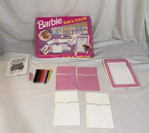 Vintage 1992 Barbie Rub & Color Set Mattel Box Crayons Plates Holder Works