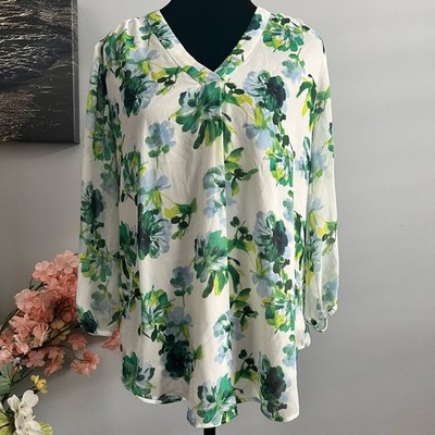 Jones New York Women's White & Green Floral-Print 3/4-Sleeve Tunic Top Size XS
